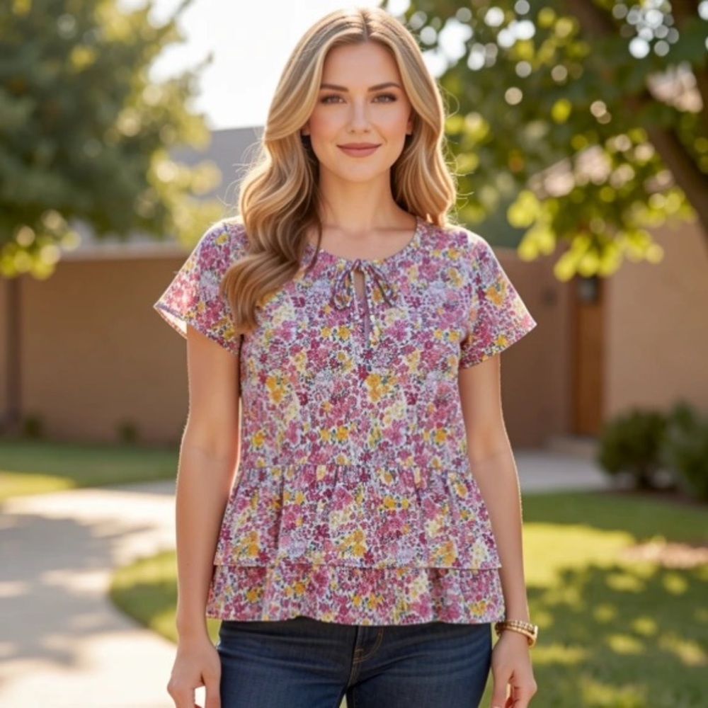 Terra & Sky Womens Multicolor Floral Swing Tiered Short Sleeve Blouse Size 1X